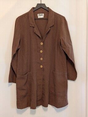 FLAX Linen Duster Jacket Med Brown Button Front Pockets Lagenlook Collared NEW